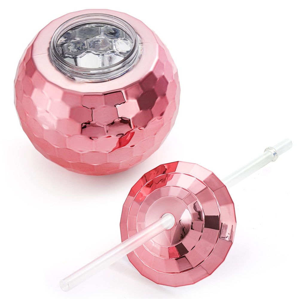 Packed Party Pink Metallic Disco Ball Cup w Straw NwOT